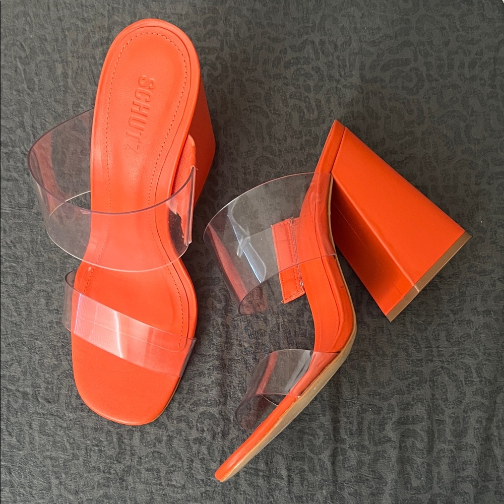 SCHUTZ Victorie Vibrant Orange block Heels with Clear Straps 8.5
